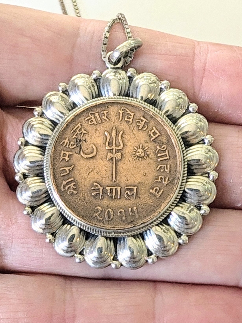 Sterling Silver Nepal Cooper Coin Pendant Necklace 5 Paisa 1962 30" 925 Chain